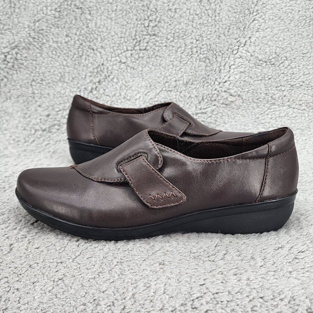 Clarks Women's Loafers Sz 7 M Brown Leather Slip On Wedge Booties Comfort Office